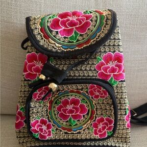 Floral Embroidered Backpack - Pink and Gold